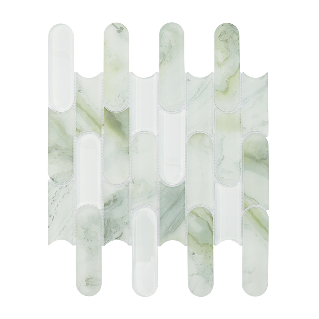 Light green marble and white glass mosaic tile sheet on a white background