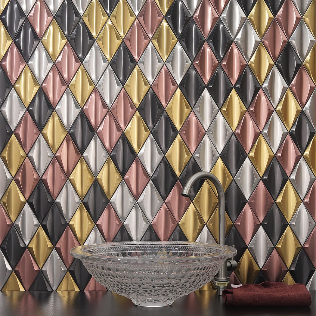 Dimension diagram of a multicolor 3D diamond-shaped metal mosaic tile sheet.