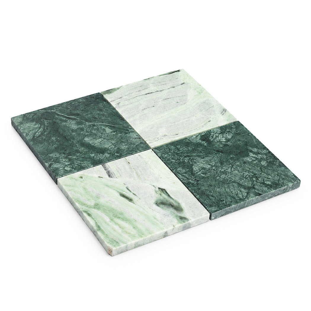 Angled view of light and dark green marble checkerboard mosaic tile