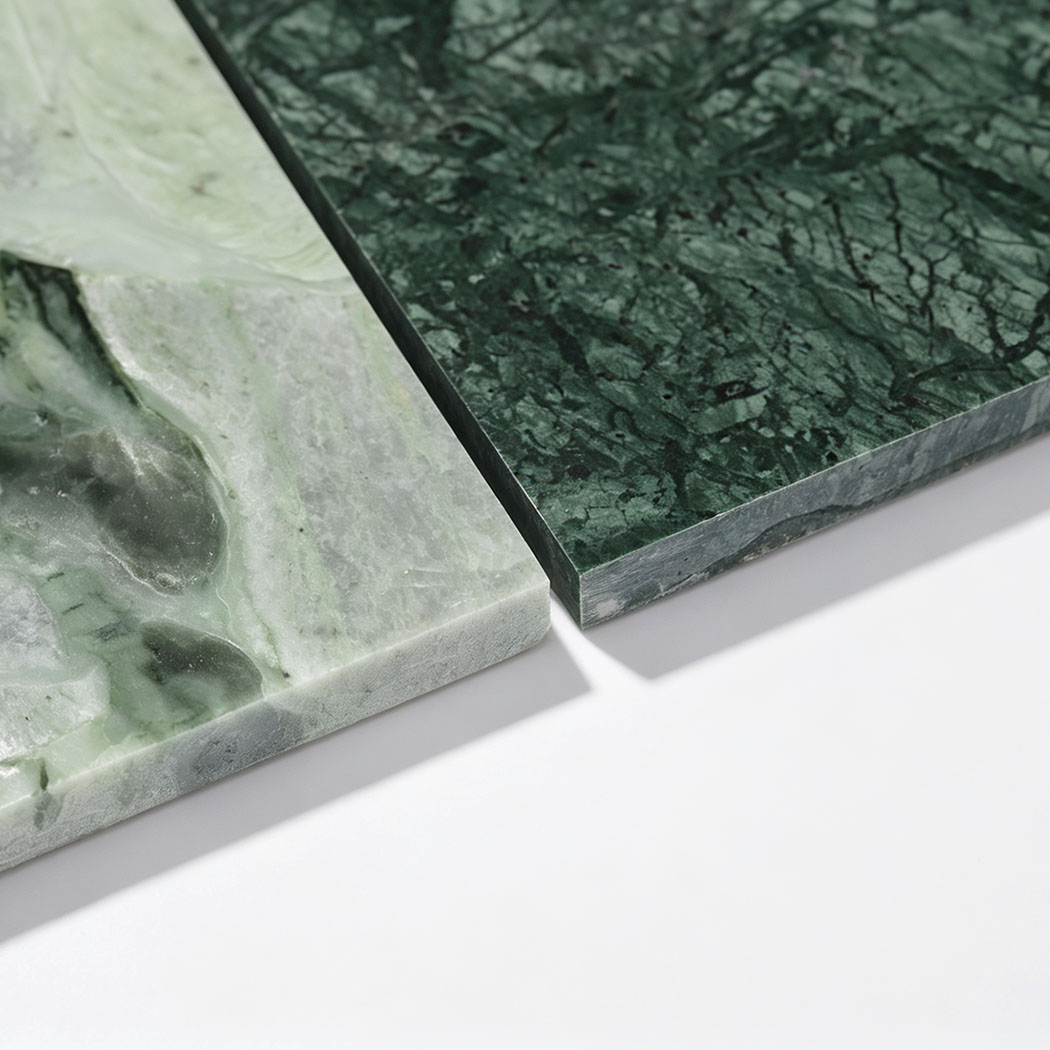 Edge detail of light and dark green marble checkerboard mosaic tile