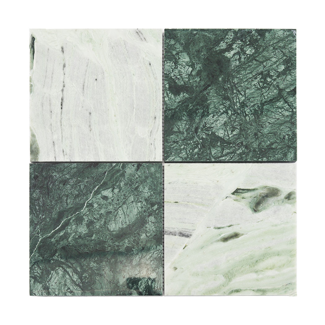Front view of light and dark green marble checkerboard mosaic tile