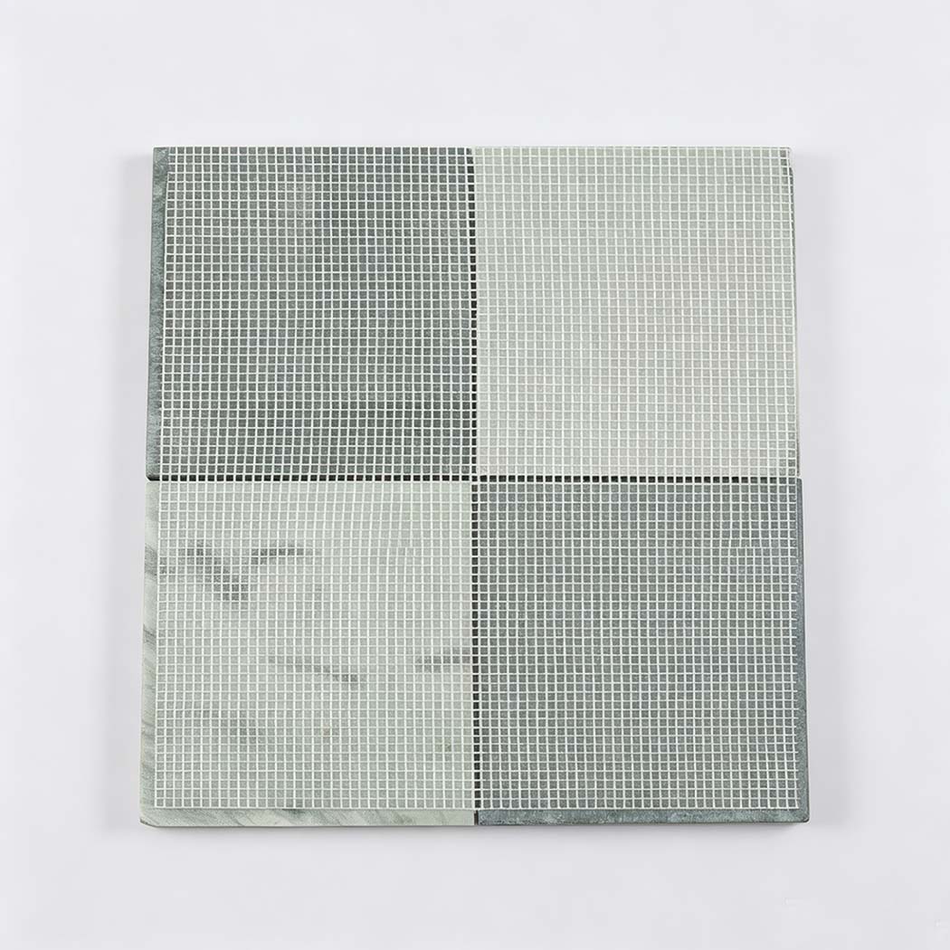Light and dark green marble checkerboard mosaic tile with mesh backing