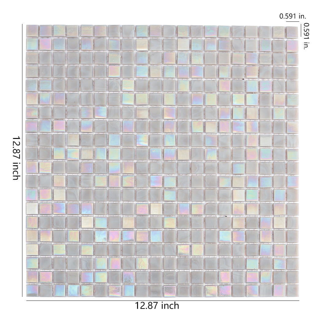 Light gray iridescent square glass floor tile sheet shown in full view with uniform grid layout