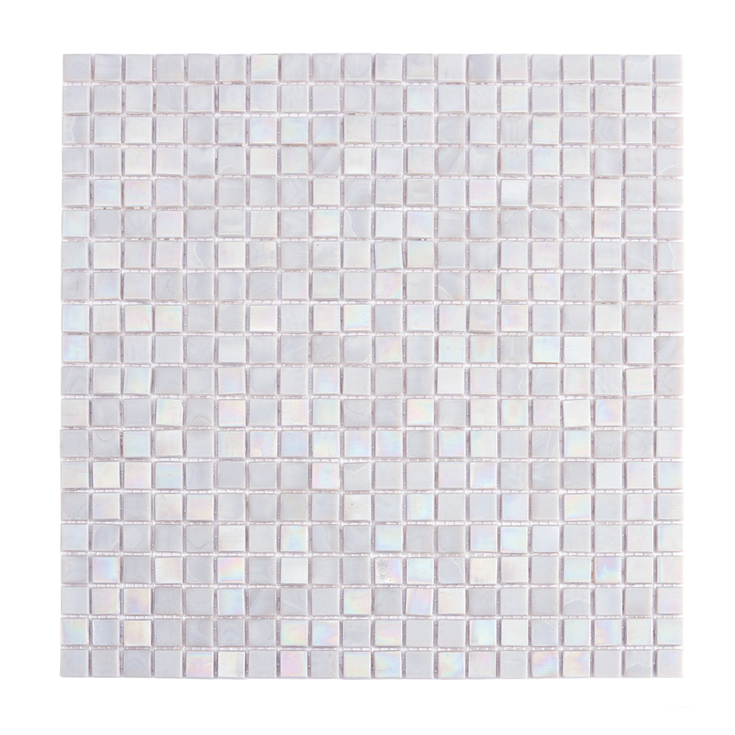 Full sheet of light gray iridescent square glass mosaic tiles in clean grid pattern