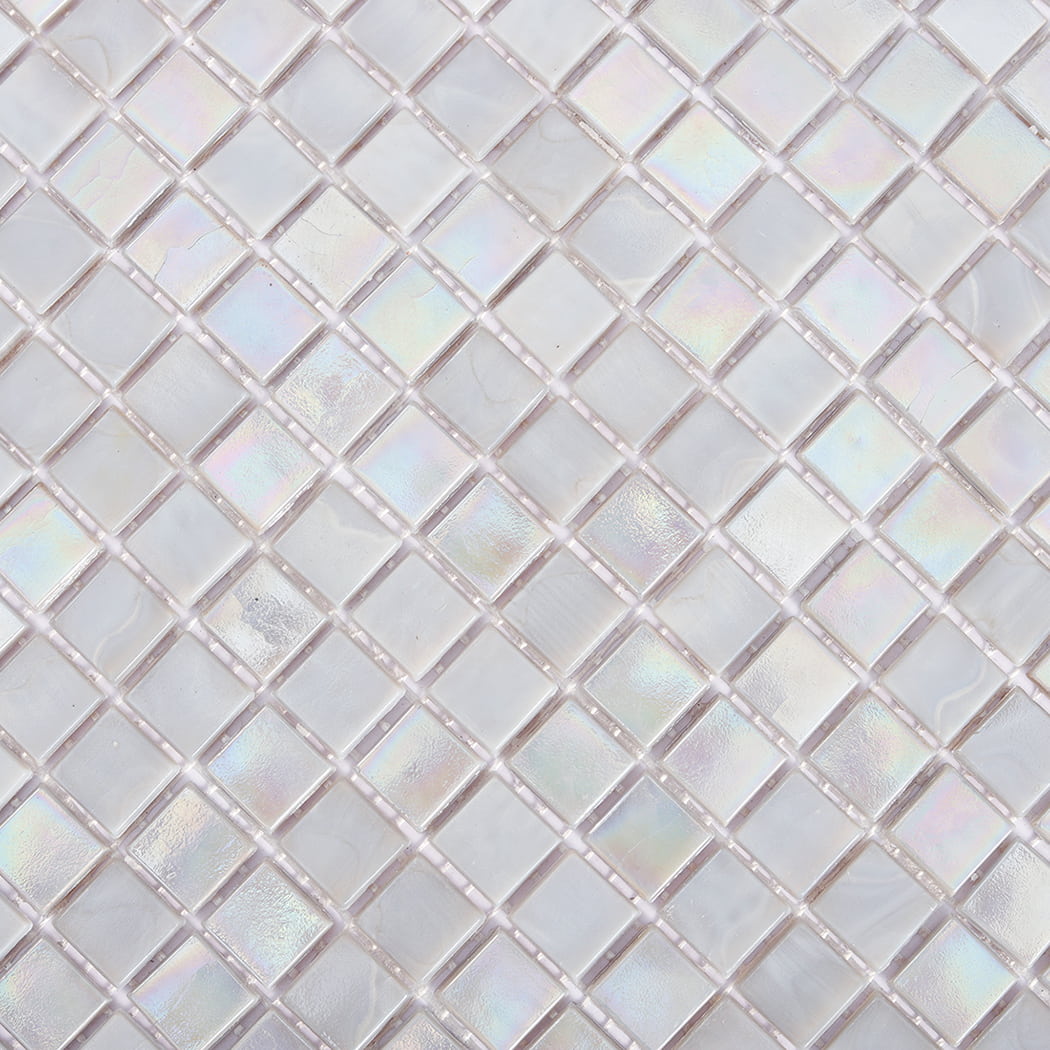 Light gray pearl effect square glass mosaic surface with subtle color variation