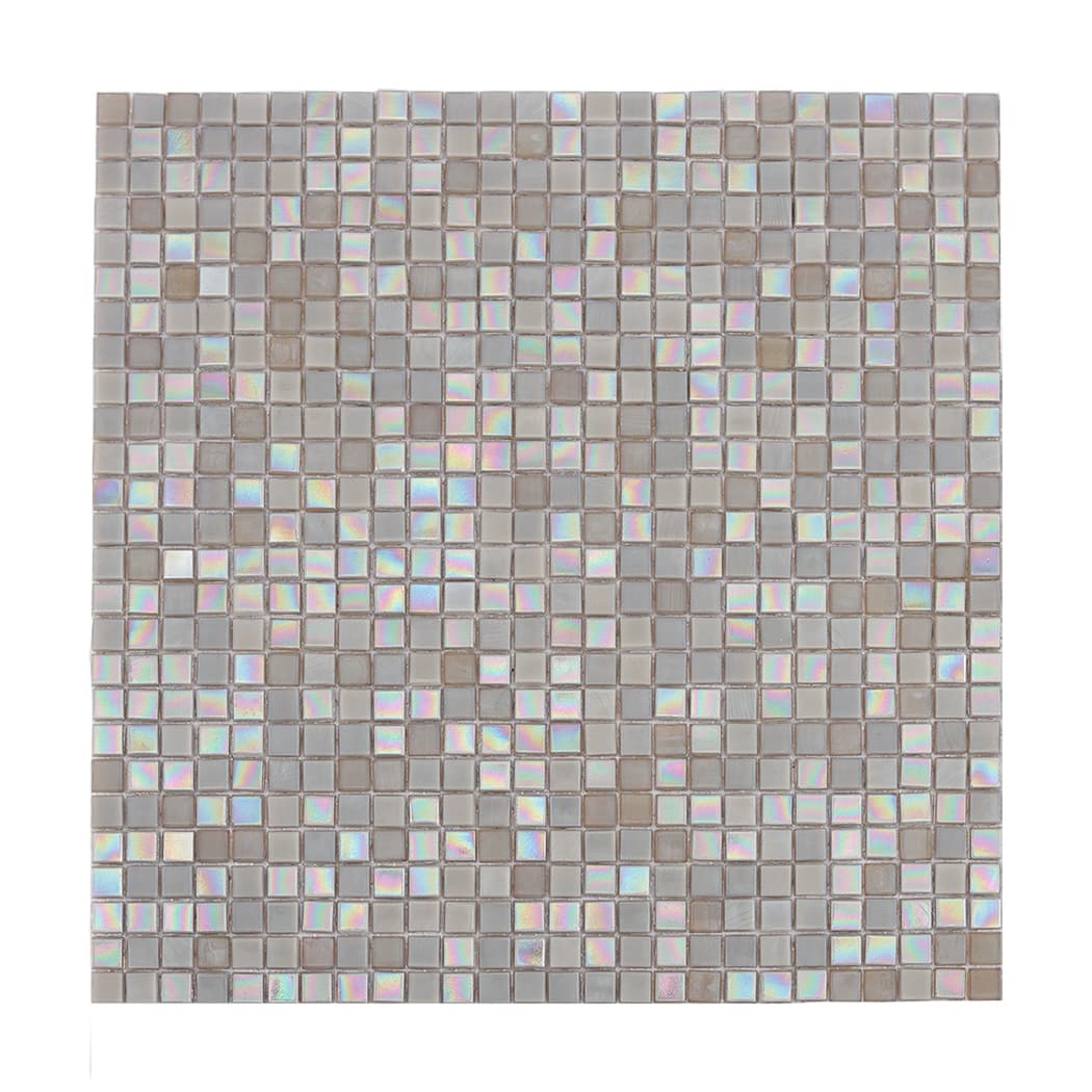 Shimmering light gray glass square tiles arranged evenly to create a calm and luminous surface