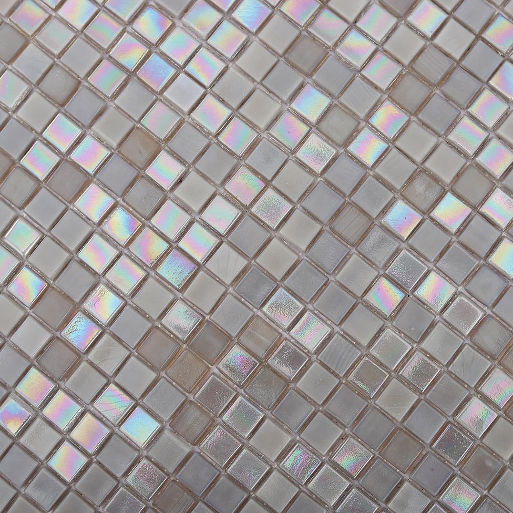 Close-up of light gray water glass mosaic surface highlighting subtle rainbow highlights