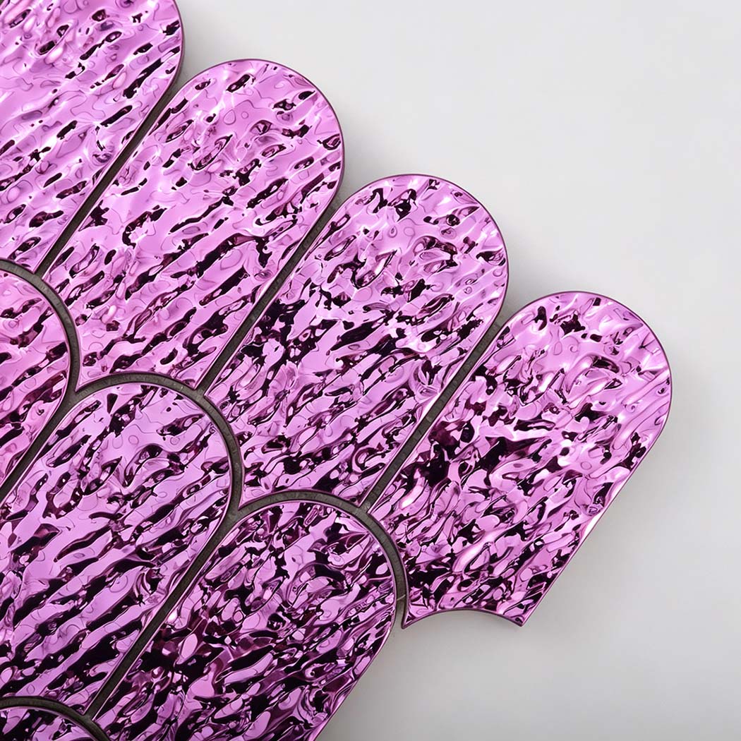 Close-up of lilac reflective water ripple scallop metal mosaic tiles