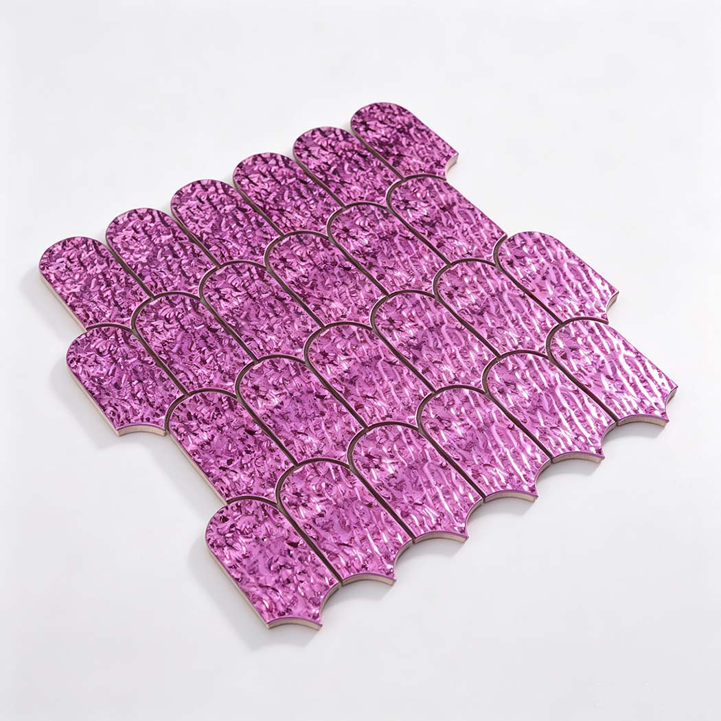 Angled view of a lilac water ripple scallop metal mosaic tile sheet