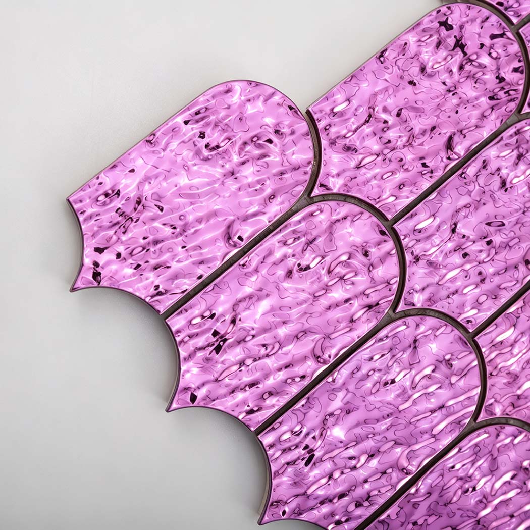 Glossy lilac water ripple scallop metal mosaic tile surface detail