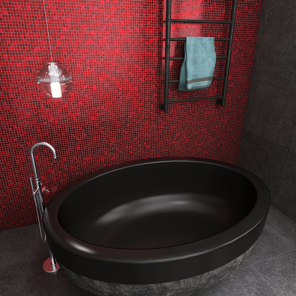 Luxury bathroom design featuring glossy red mosaic tiles paired with a sleek black bathtub