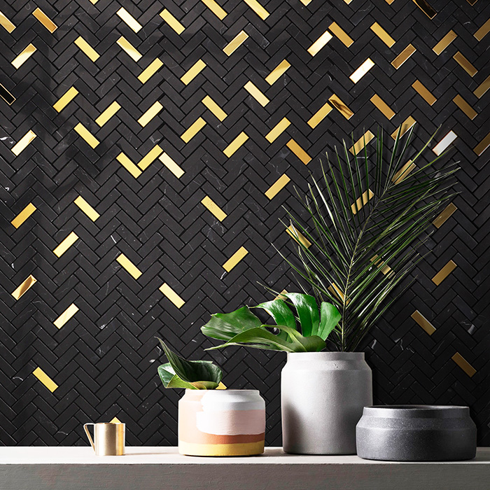 Herringbone Black Marble & Gold Metal Mosaic Wall Tile