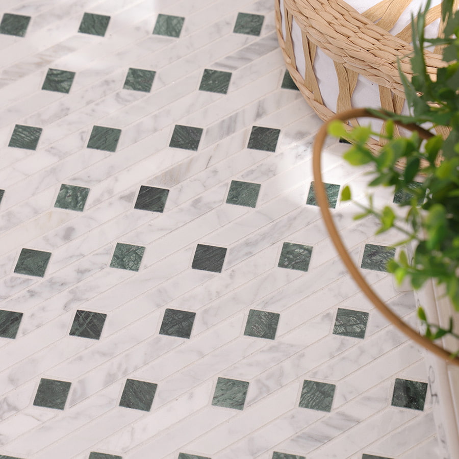 Close up of marble mosaic floor showing green diamond pattern