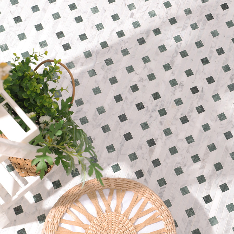 White and green marble mosaic floor with plants and wicker decor