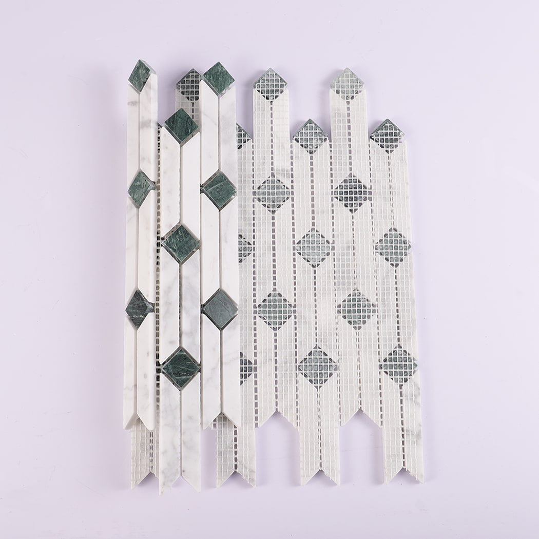 Front and back view of marble mosaic showing mesh backing