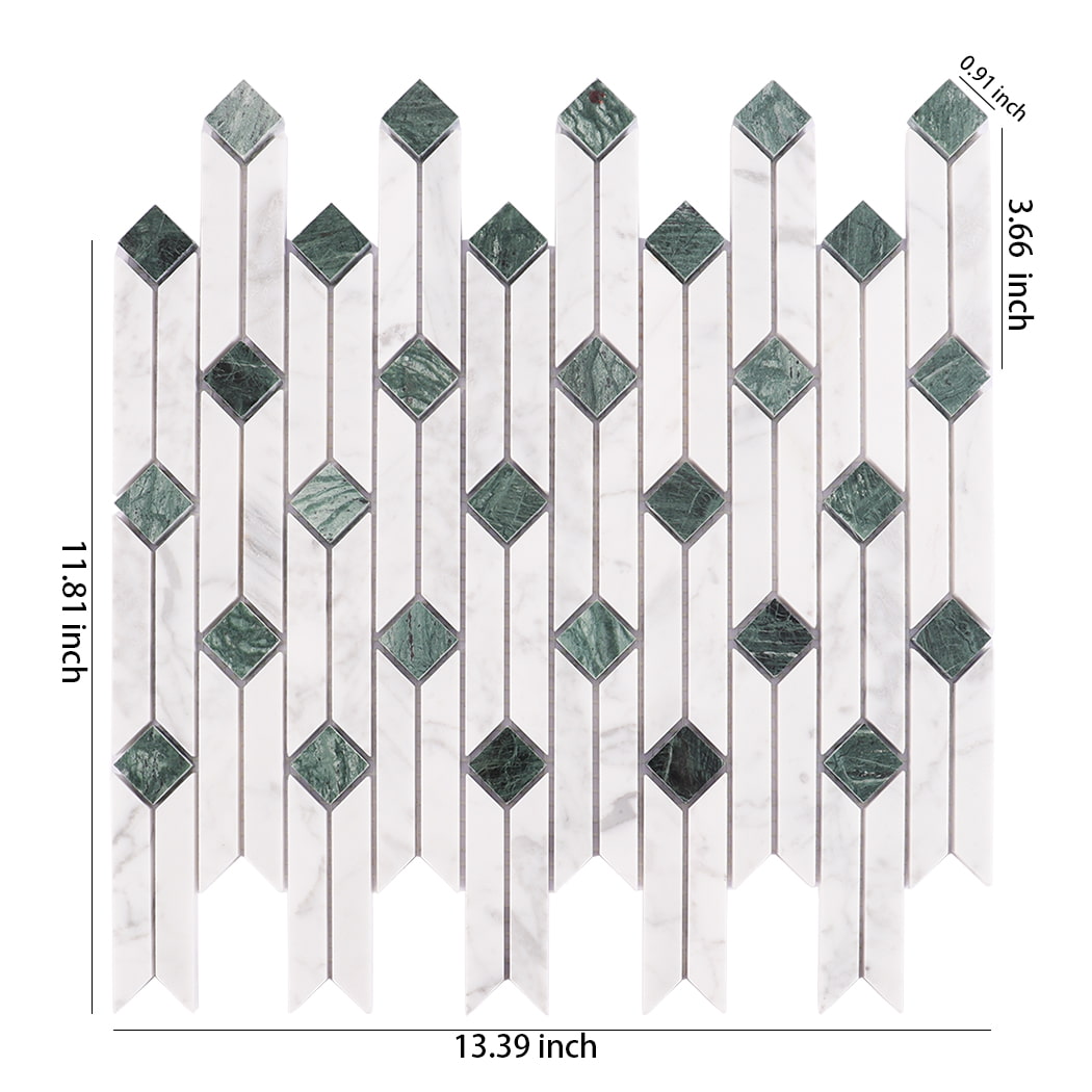 White and green marble mosaic tile with measurements shown
