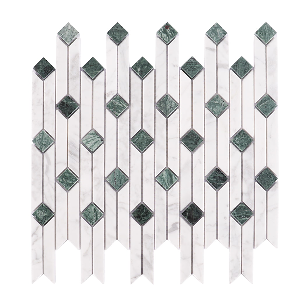Front view of white marble mosaic with green diamond accents