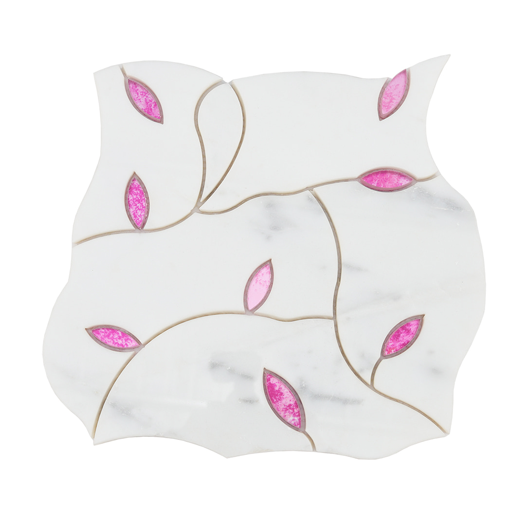 White Marble and Glass Waterjet Mosaic Tile Sheet with Curved Pattern and Pink Glass Leaf