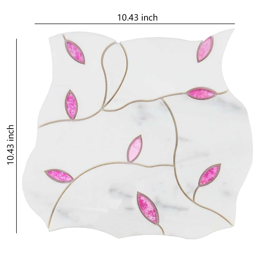 Front view of marble and glass mosaic tile with flowing curves and pink glass leaf accents