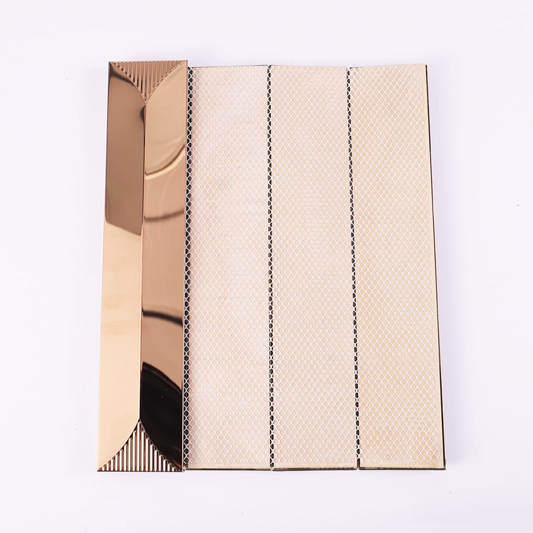 Back view of the rose gold mosaic tile sheet showing the white mesh mounting.