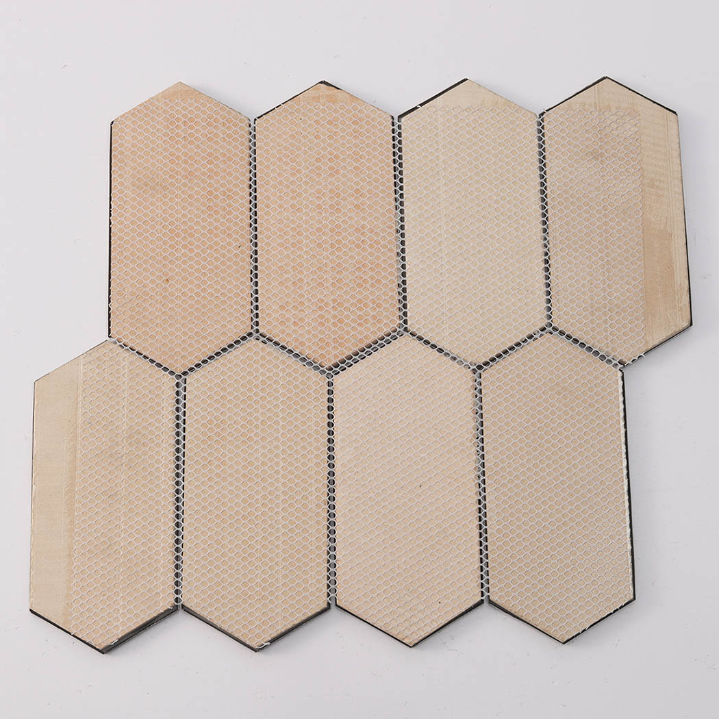 Back view of mesh mounted black long hexagon mosaic tile sheet