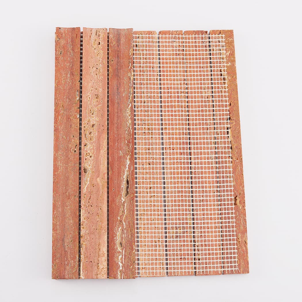 Back view showing the white mesh mounting of the Red Travertine mosaic sheet.