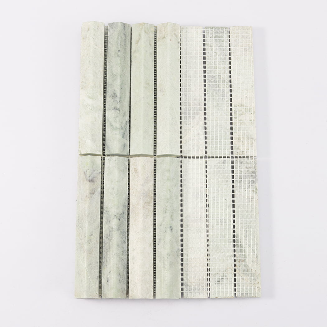 Back view of the marble mosaic tile sheet showing the white mesh mounting.