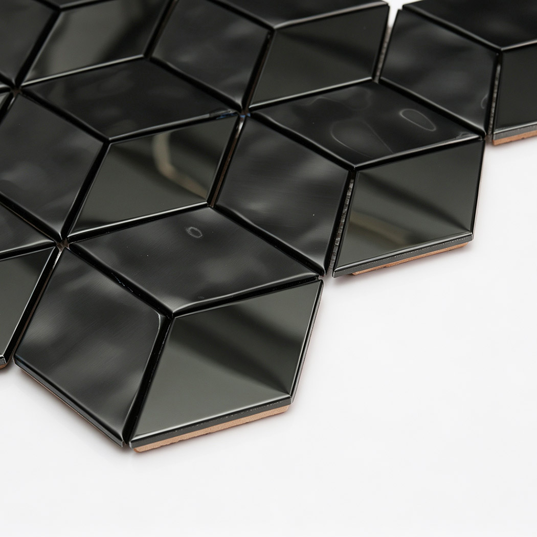 Black mosaic tile for a metal backsplash kitchen with geometric diamond pieces