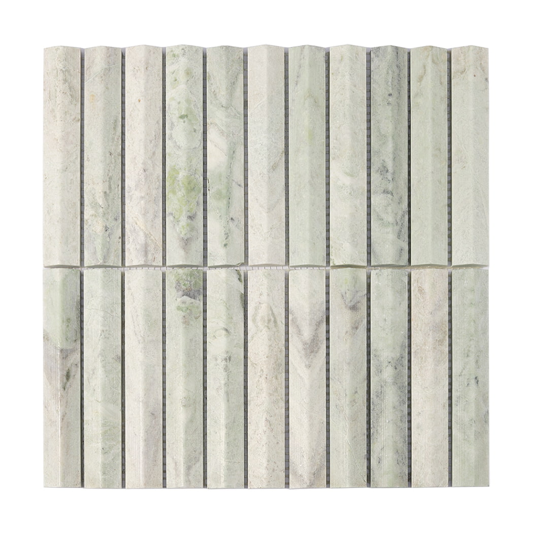 Full front view of a square Ming Green fluted marble mosaic tile sheet.