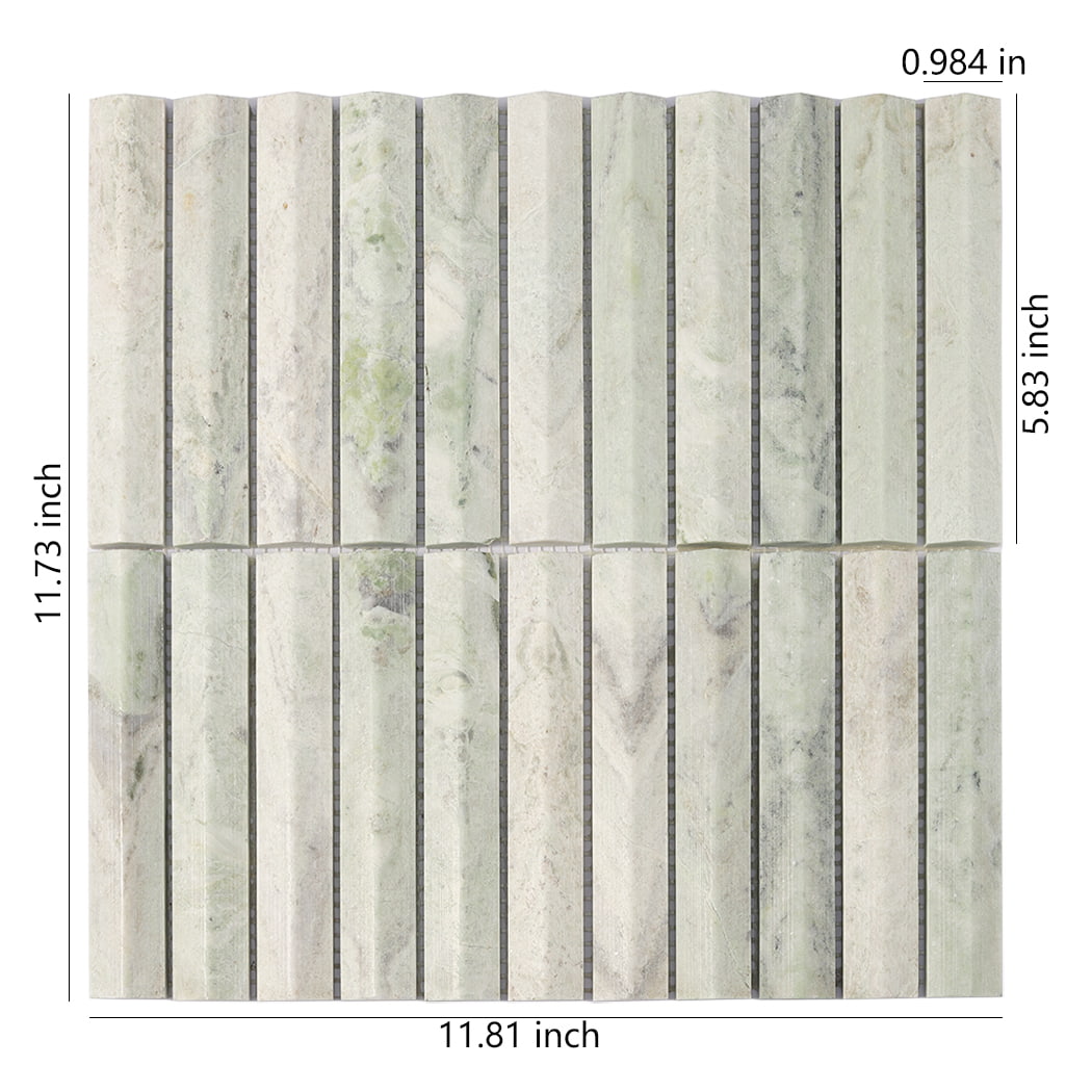 Front view of Ming Green fluted marble mosaic tile with detailed size annotations.