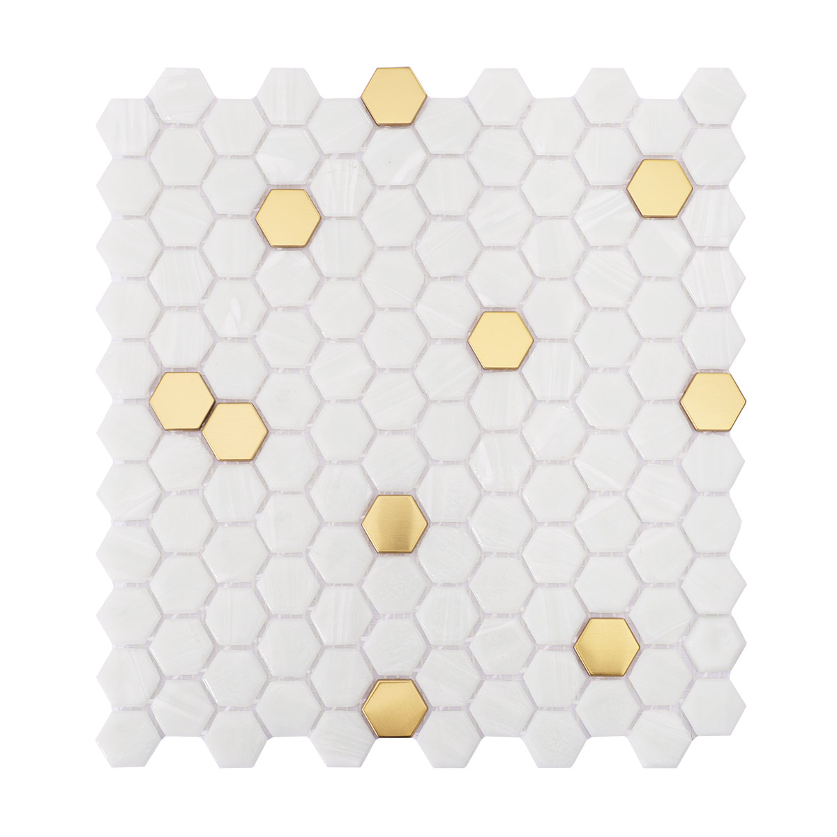 Minimalist White and Gold Hexagon Mosaic Tiles – Subtle geometric mosaics for a sleek