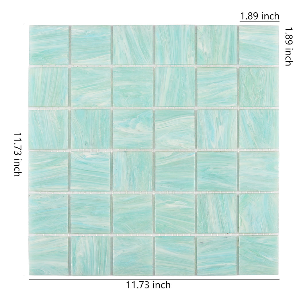 Mint green square glass mosaic sheet with 11.73 inch and 1.89 inch size labels