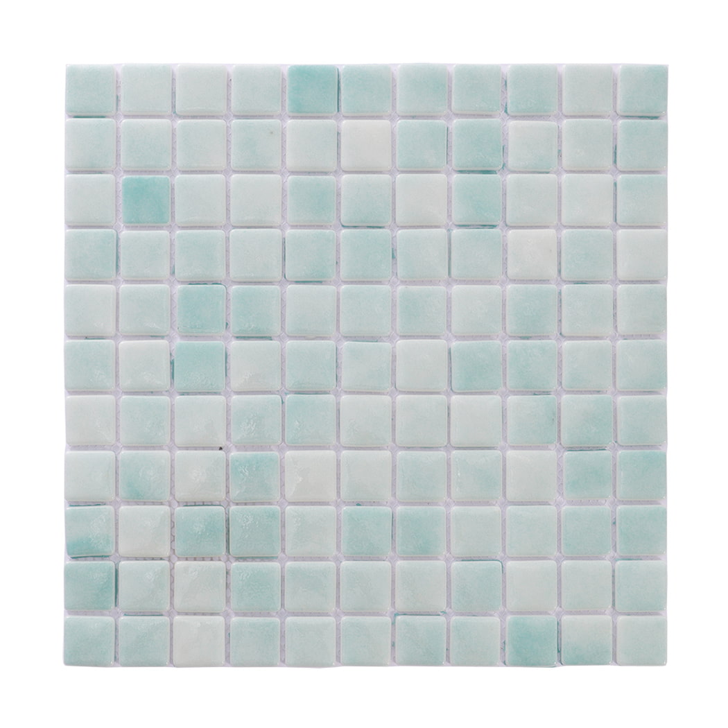Front view of a mint green square mosaic tile sheet.
