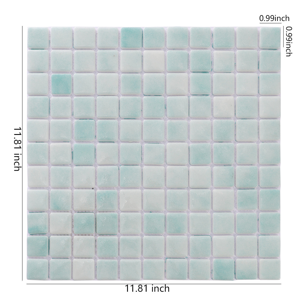Mint green square mosaic tile sheet with measurement labels on all sides.