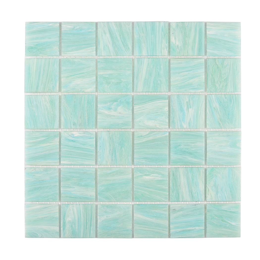 Front view of mint green square glass mosaic tile sheet