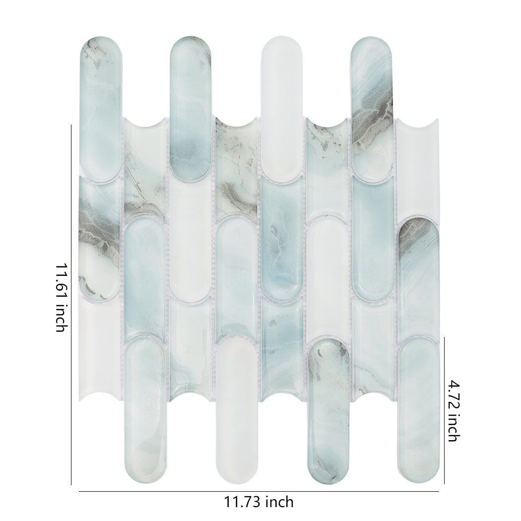 Mint white interlocking pill shaped glass mosaic tile sheet with size dimensions