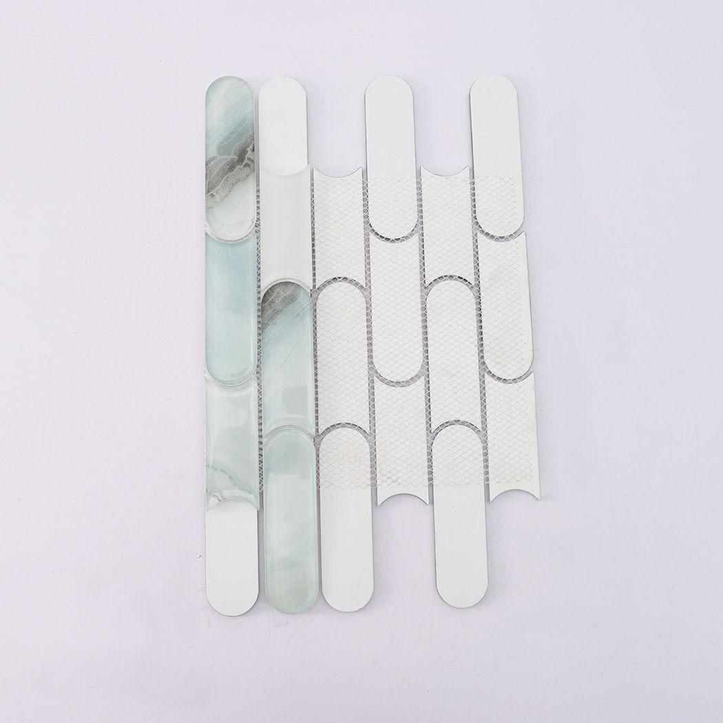Back view of mint green and white interlocking pill shaped glass mosaic on mesh