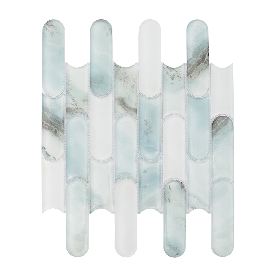 Mint green and white interlocking pill shaped glass mosaic tile sheet