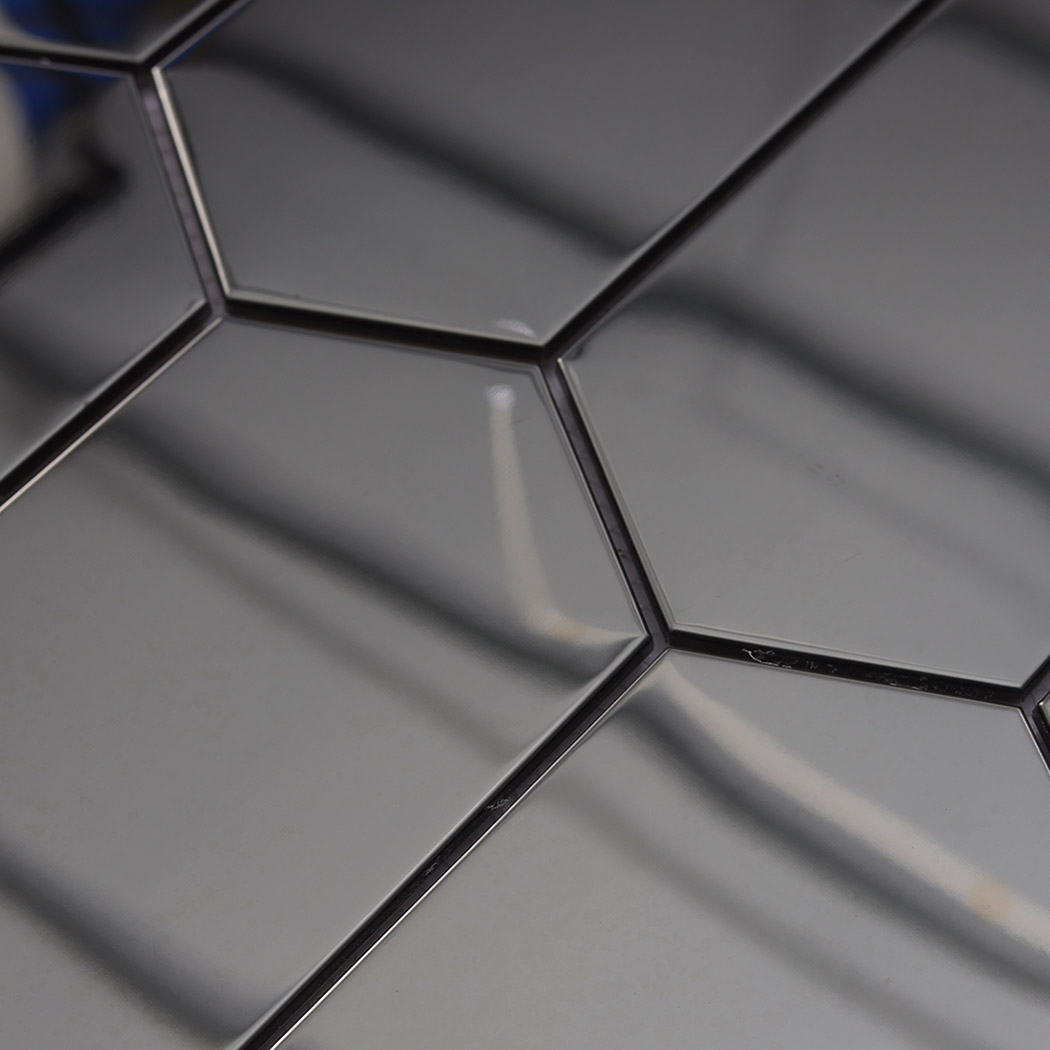 Mirror black hexagon stainless steel mosaic tile sheet angled reflective display