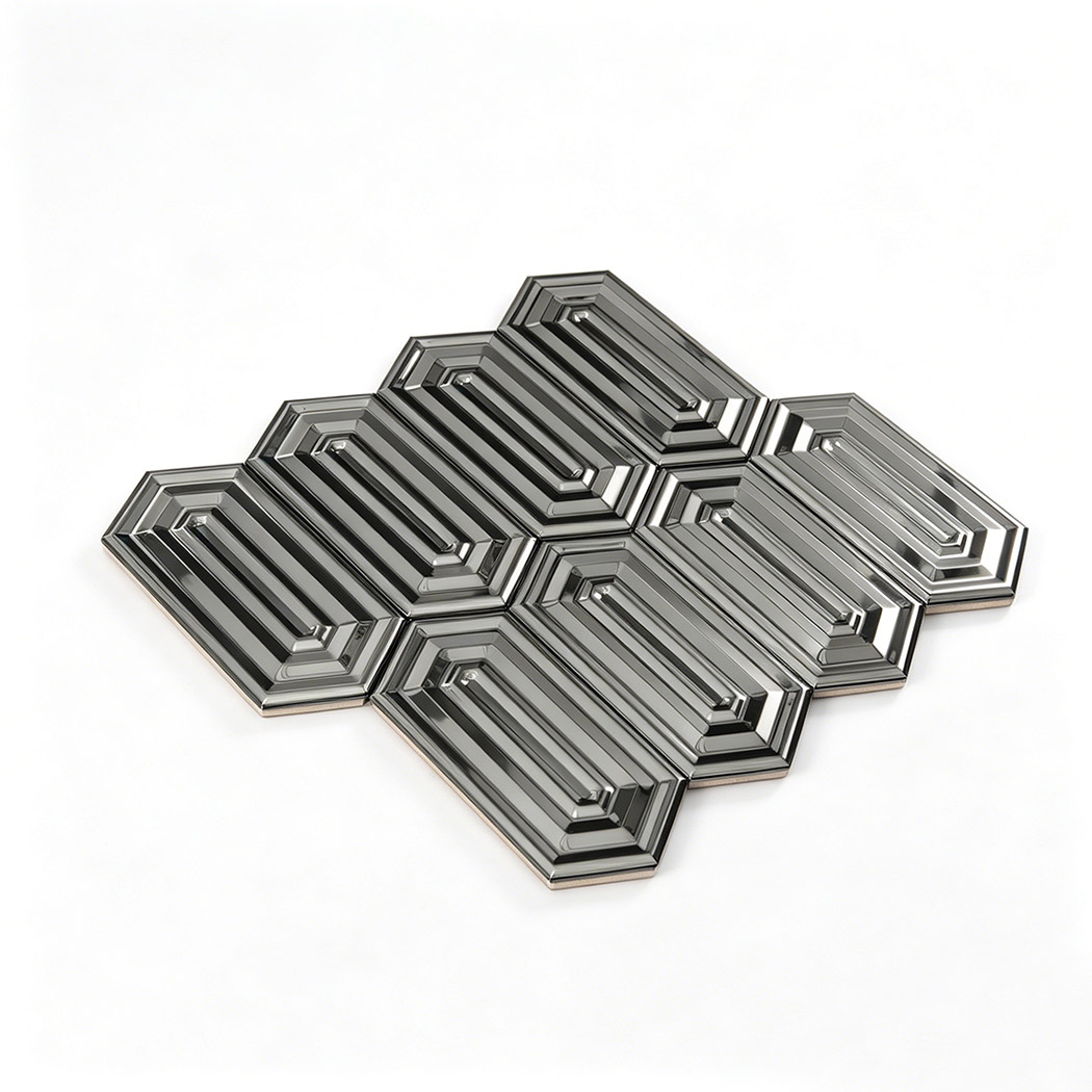 Mirror black picket stainless steel mosaic tile sheet angled view
