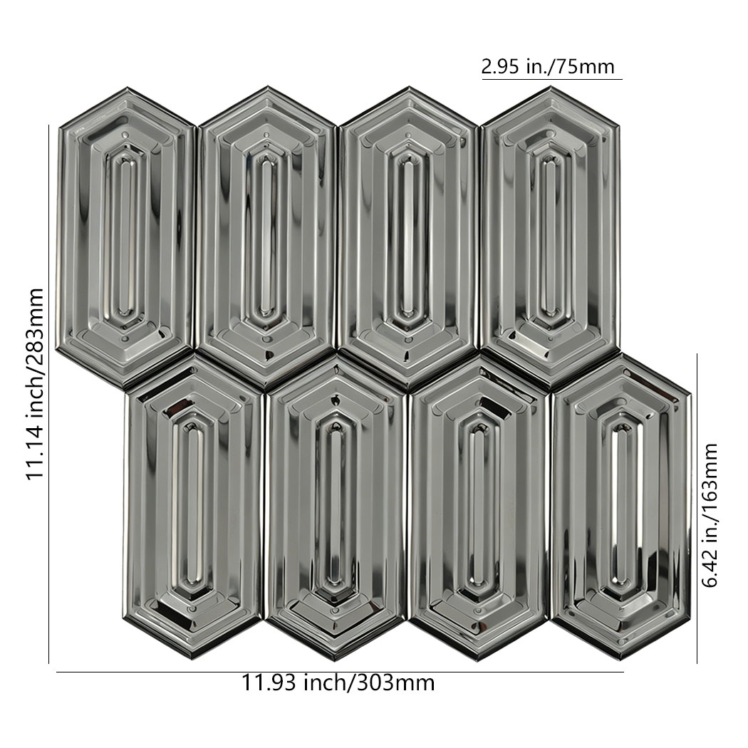 Mirror black picket stainless steel mosaic tile sheet front view with size details