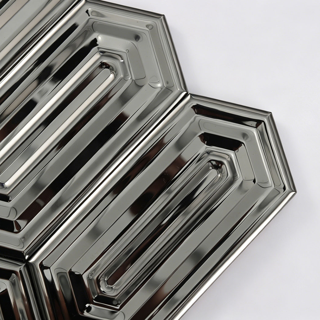 Mirror black stainless steel picket mosaic tile close up detail