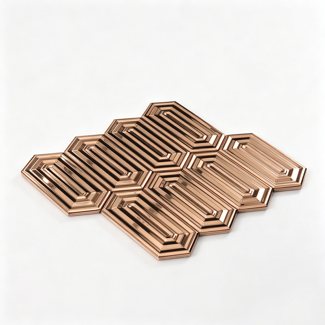 Mirror rose gold hexagon mosaic sheet arranged in geometric pattern layout