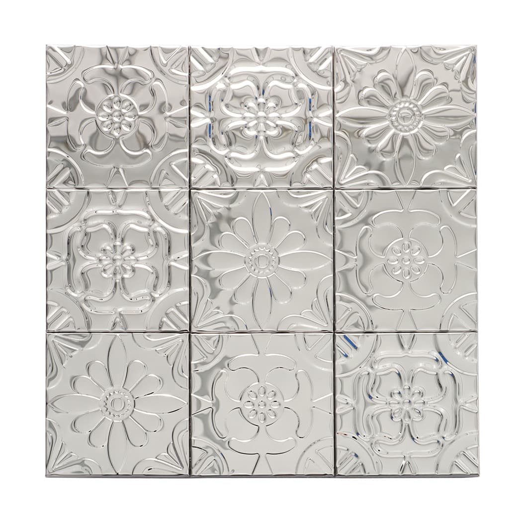 Front view of mirror silver embossed mosaic featuring mixed flower motifs and glossy reflections.