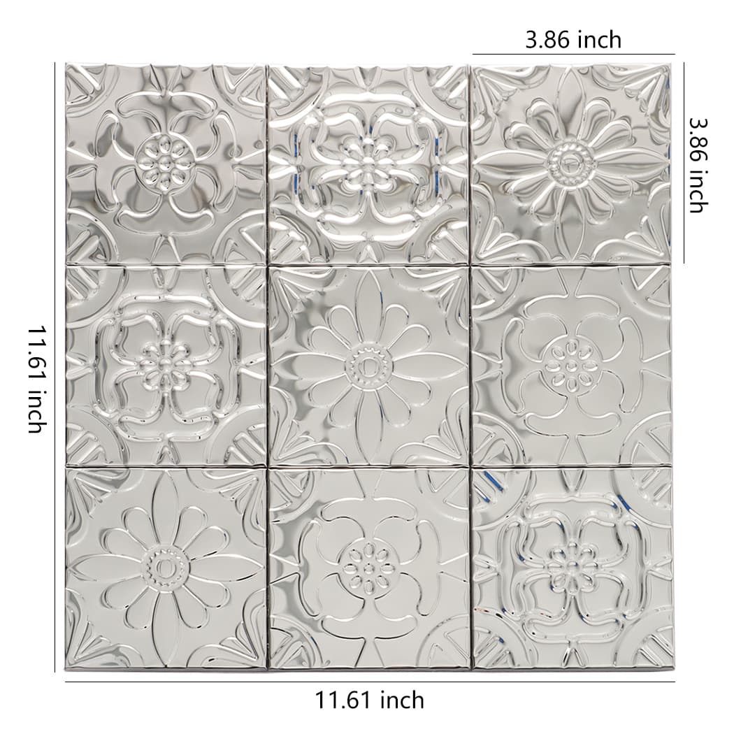 Mirror silver embossed mosaic sheet with assorted floral relief squares in a patchwork layout.