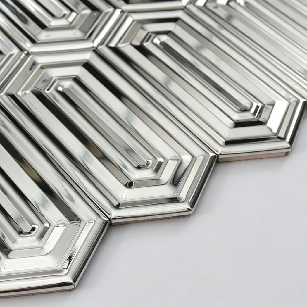 Edge detail showing mirror stainless steel hexagon mosaic thickness finish