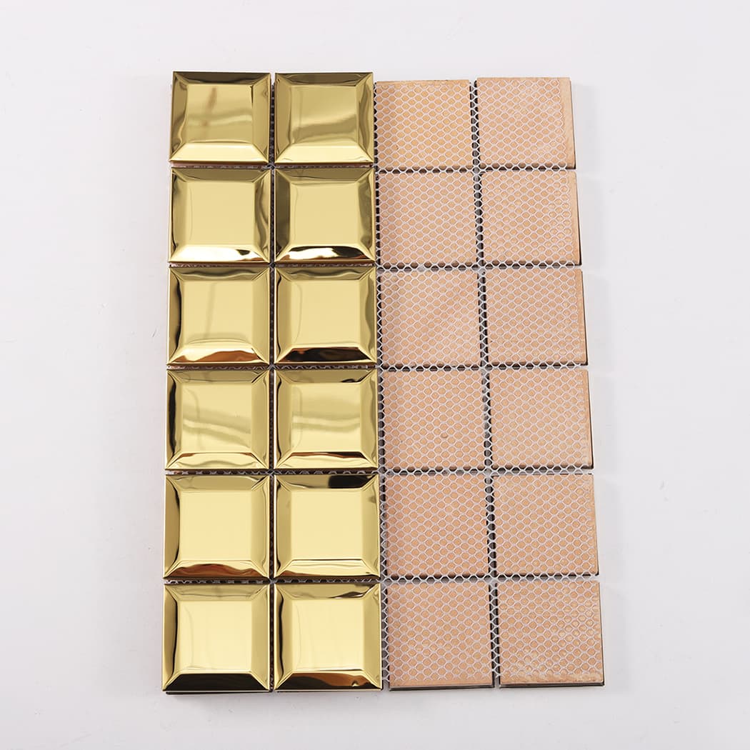 Front and back view of mirror gold beveled stainless steel mosaic tiles with mesh backing