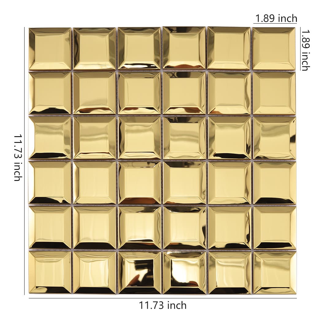 Mirror gold beveled stainless steel mosaic tile sheet with size measurements