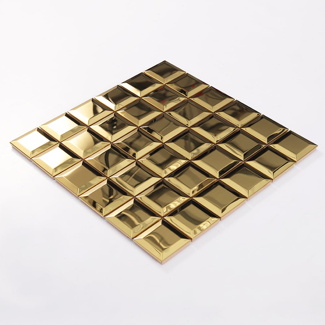 Perspective view of mirror gold beveled stainless steel mosaic wall tile sheet