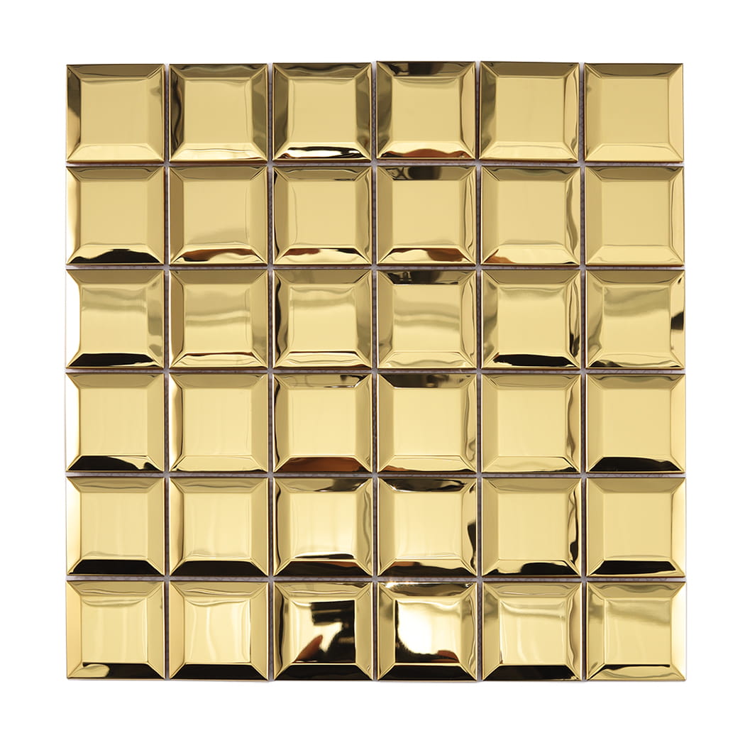 Full sheet of mirror gold beveled stainless steel mosaic wall tile in square grid
